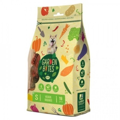 Embalagem de snacks para cães Garden Bites com ilustrações de vegetais.