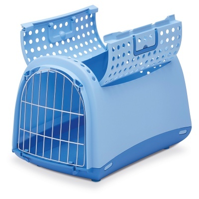 Transportadora azul para animais de estimação com porta metálica e aberturas superiores