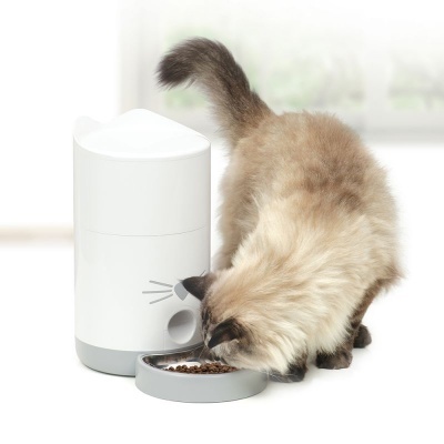 Dispenser automático de comida para gatos branco com tigela destacável e gato a comer