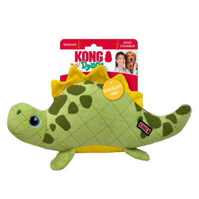 Brinquedo KONG Dynos dinossauro verde para cães com padrão de manchas e etiqueta 