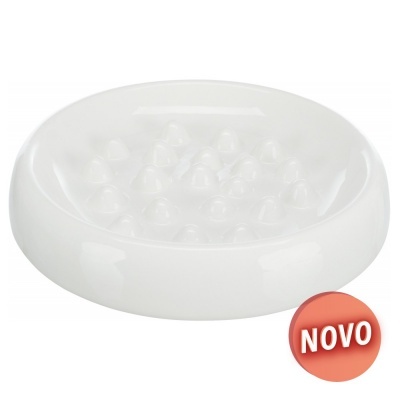 Prato branco com elevações internas e selo 'NOVO'