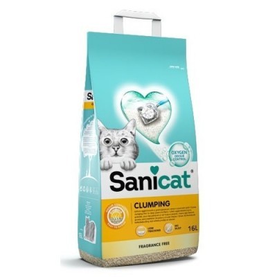 Saco de areia para gatos Sanicat Clumping 16L azul e amarelo com gato e coração branco