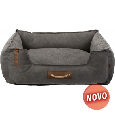 Cama para cães cinza escura em tecido macio com alça frontal e etiqueta de couro