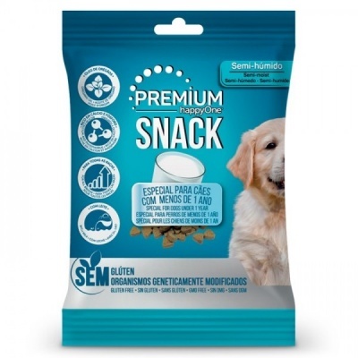 Embalagem azul de snack semi-húmido para cães com imagem de um cão e texto informativo