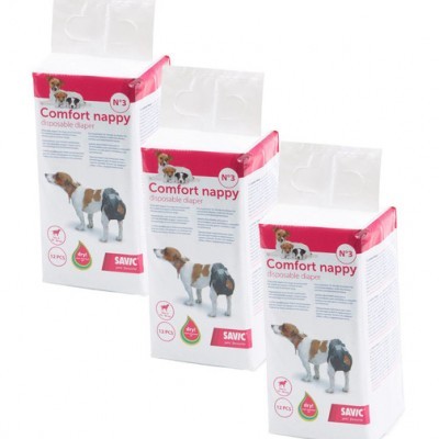 Pacotes de fraldas descartáveis Comfort nappy para cães, marca SAVIC, embalagem branca e rosa.