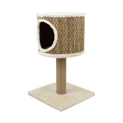 Arranhador para gatos em sisal e tecido felpudo bege com cubo e base quadrada
