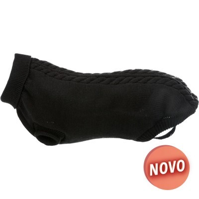 Camisola preta para cão em malha com padrão trançado e etiqueta 'NOVO'