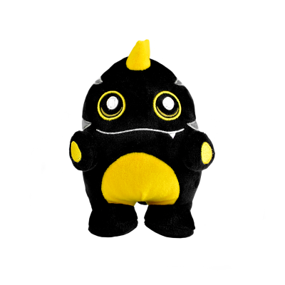 Pelúcia preta e amarela com olhos grandes e crista no topo