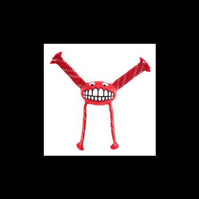 Boneco de tecido vermelho com sorriso grande e bolinhas brancas