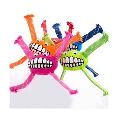 Brinquedos para cães coloridos com faces sorridentes e membros longos em fundo branco