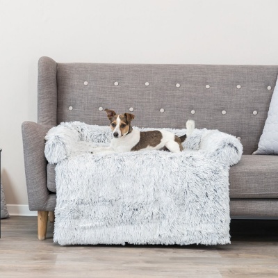 cama para cães cinza claro peluda sobre sofá cinzento com cão deitado