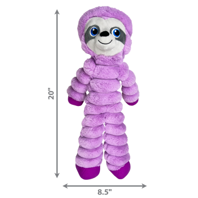 Pelúcia roxa em forma de preguiça segmentada com olhos grandes azuis