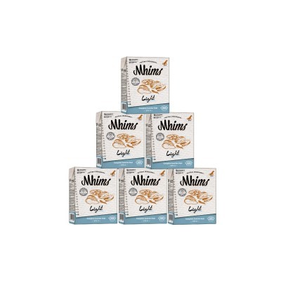 Seis caixas de Mhims Light em pirâmide, embalagem branca com detalhes azuis, ilustração de sementes.