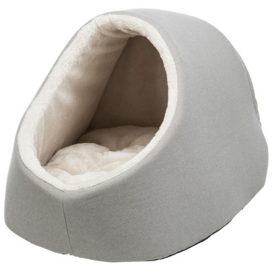 Casinha para animais cinza claro com interior peludo creme e almofada removível