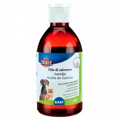 Frasco de óleo de salmão para animais com rótulo colorido