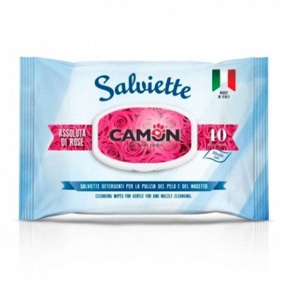 Pacote de toalhitas Salviitte Camon para limpeza de pele e focinho com design azul, branco e rosa.