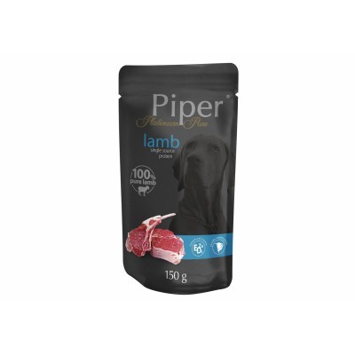 Embalagem preta de comida para cães Piper sabor cordeiro com imagem de cão e carne