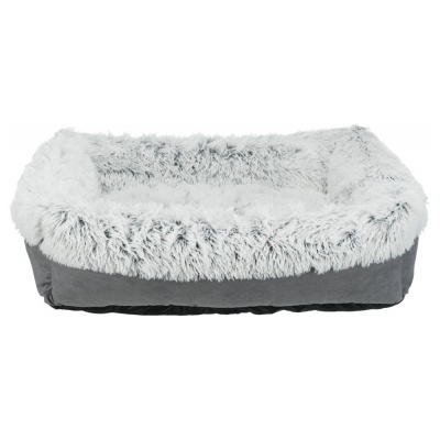 Cama para animais cinzenta com interior branco felpudo acolchoado