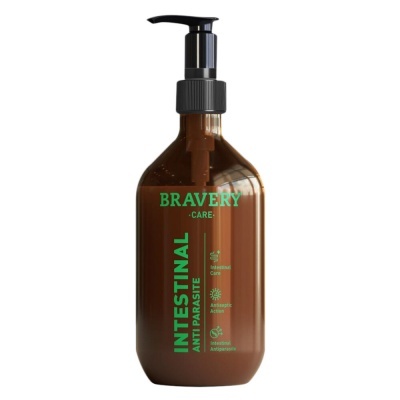 Frasco castanho com tampa preta e texto verde BRAVERY CARE INTESTINAL ANTIPARASITE
