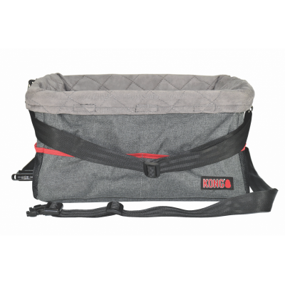 Cesta cinzenta para animais de estimação com faixa vermelha e alça preta, etiqueta 'KONG'