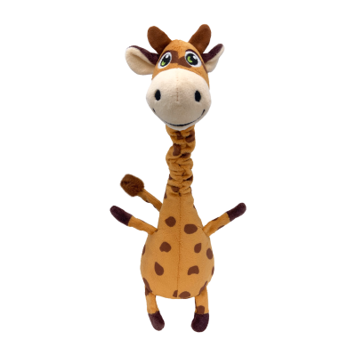 Brinquedo de pelúcia girafa amarelo e castanho com manchas e olhos grandes