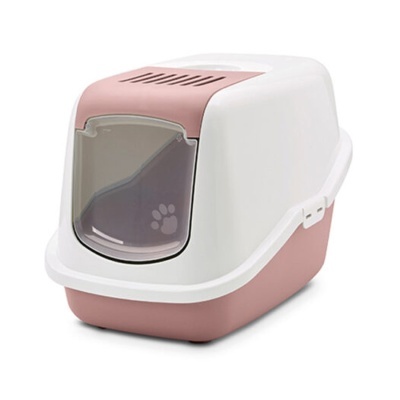 Casa de areia para gato em plástico branco e rosa com porta transparente.