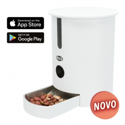 Dispensador automático branco para comida de animais com comida seca colorida e etiquetas de app store, selo NOVO