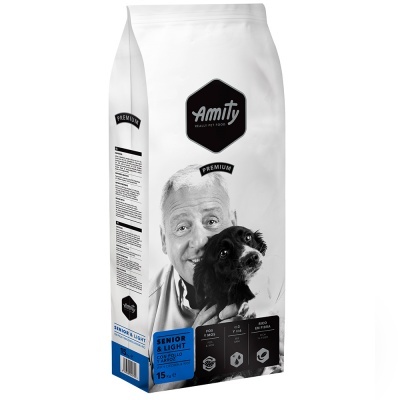Saco branco de comida para cão com imagem de homem idoso e cão e texto Amity Premium Senior & Light 15 kg