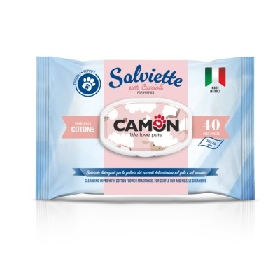 Pacote de 40 toalhitas para cães Camon em embalagem azul clara e detalhes rosa