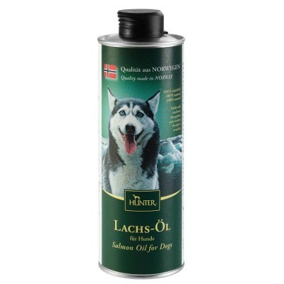 Frasco metálico de óleo de salmão para cães com rótulo verde e imagem de cão Husky