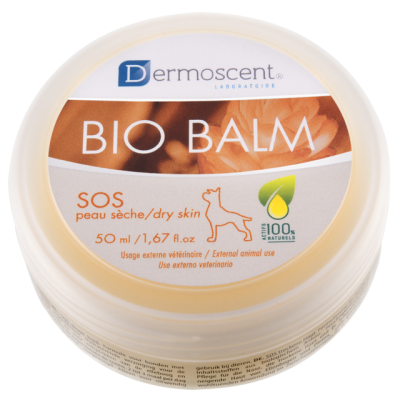 Frasco redondo de BIO BALM SOS para pele seca com rótulo branco e castanho