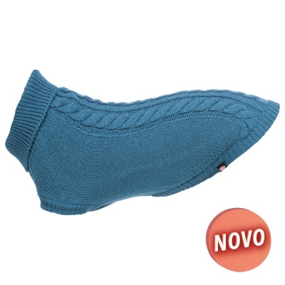 Suéter azul de malha para cão com padrão de trança e gola alta