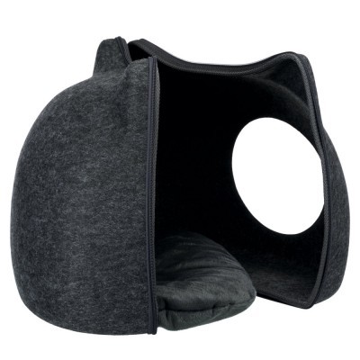 Abrigo cinzento escuro para animais com entrada redonda e almofada interior