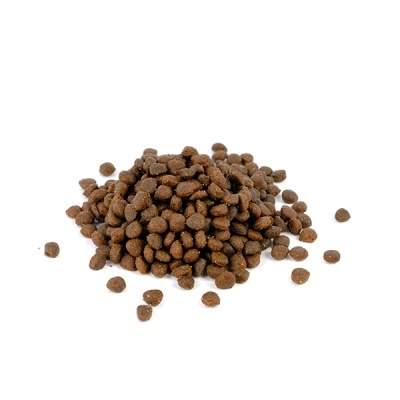 Ração seca castanha para animais sobre fundo branco