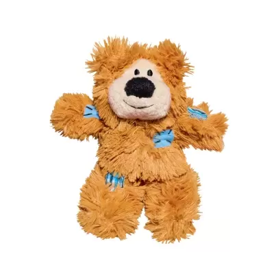 Urso de peluche castanho claro com manchas azuis