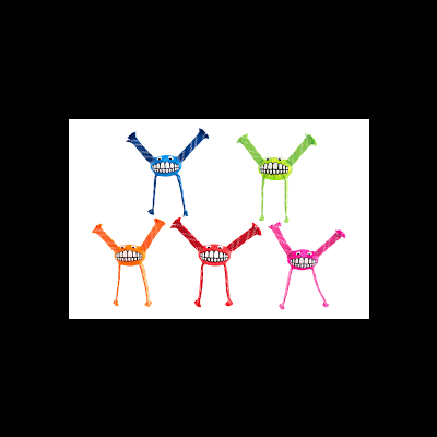 Cinco bonecos coloridos de tecido com dentes visíveis e membros estendidos