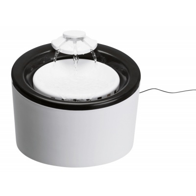 Fonte de água eléctrica branca e preta para animais domésticos com topo que verte água