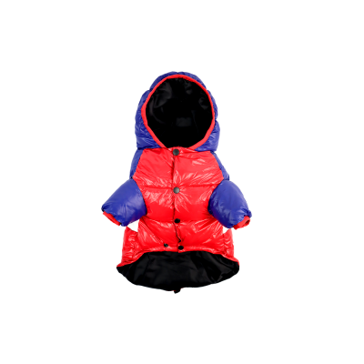 Casaco acolchoado vermelho e azul para cão com capuz e botões