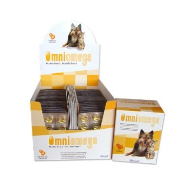 Suplemento alimentar Omnionmega para cães e gatos em embalagem branca e laranja