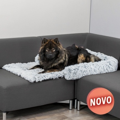 C e3o deitado num sof a1 cinzento com manta felpuda cinzenta e selo novo