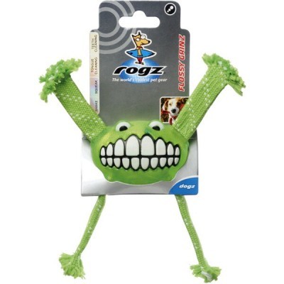Brinquedo de cão verde com rosto sorridente e cordas nas extremidades