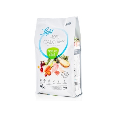 Saco branco de ração para cães Natura Diet Light -10% Calories 3Kg