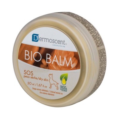 Frasco de creme BIO BALM da Dermoscent para pele seca com rotulo branco e castanho