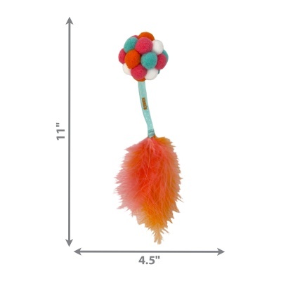 Brinquedo para gato com bola colorida de pompons e pena laranja