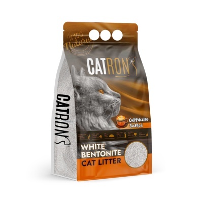 Embalagem de areia para gatos CATRON bentonite branca com fragrância cappuccino.