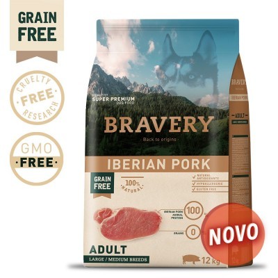 Saco de ração Bravery Iberian Pork para cães adultos, 12 kg, com imagem de porco e montanhas