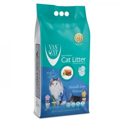 Saco de areia para gatos VAN CAT Super Premium azul e verde com imagem de gato