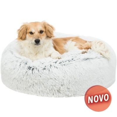 Cama para cães pelúcia branca redonda com cão deitado e selo NOVO