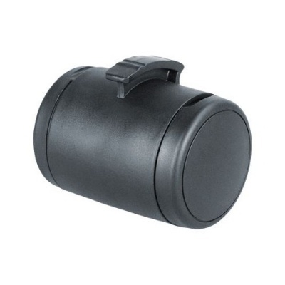 Recipiente cilíndrico preto com tampa e fecho em plástico