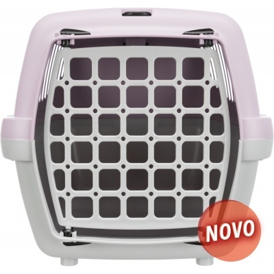 Transportadora de animais plástico cinza e lilás com porta de metal branca e selo NOVO